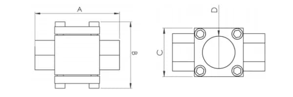 Compact Threaded Double Window Indicator - Stainless Steel — technical drawings (side and top views with dimensions A, B, F)