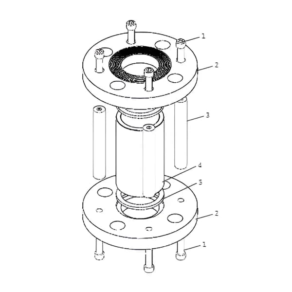 Exploded view of full view sight glass flow indicator with numbered parts