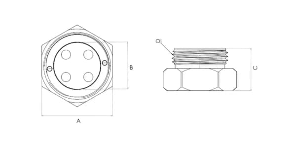 Oil Level Indicator Bulls Eye - Stainless Steel — technical drawings (side and top views with dimensions A, B, C, D)