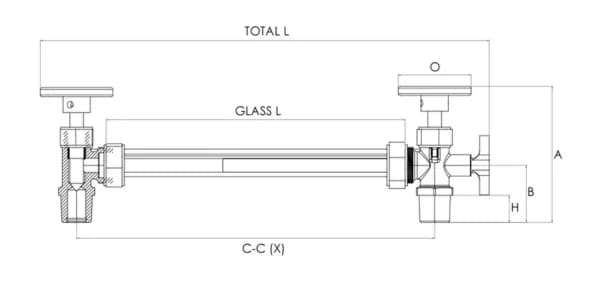 Stainless steel tubular level gauge — dimensional schematic