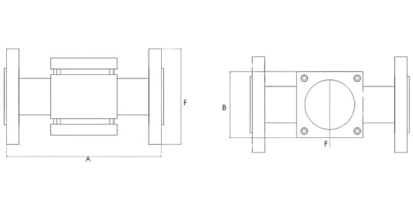 Flanged Double Window 150 PSI — technical drawings (side and top views with dimensions A, B, F)